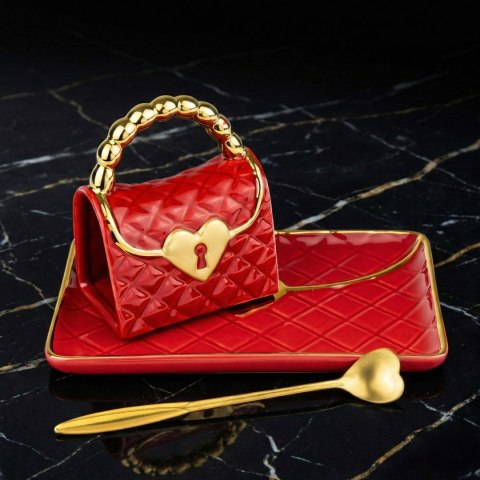 Kubek Torebka z talerzykiem i łyżeczką serce - prezent na Dzień Kobiet