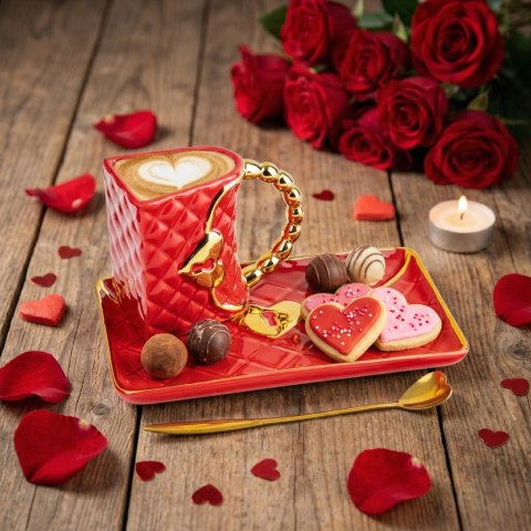 Kubek Torebka z talerzykiem i łyżeczką serce - prezent na Dzień Kobiet