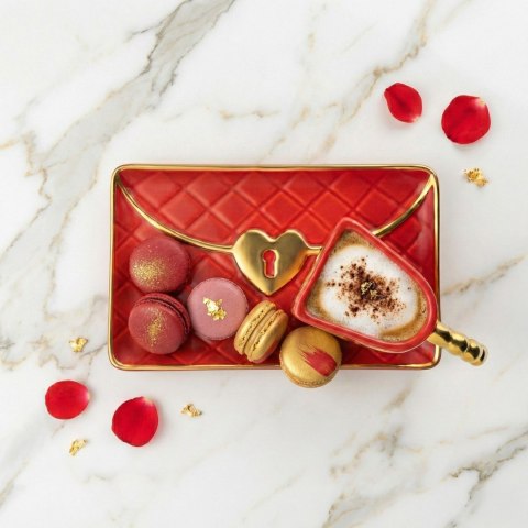 Kubek Torebka z talerzykiem i łyżeczką serce - prezent na Dzień Kobiet