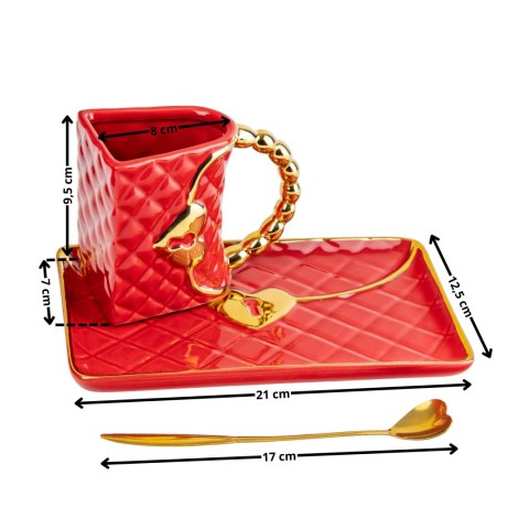 Kubek Torebka z talerzykiem i łyżeczką serce - prezent na Dzień Kobiet