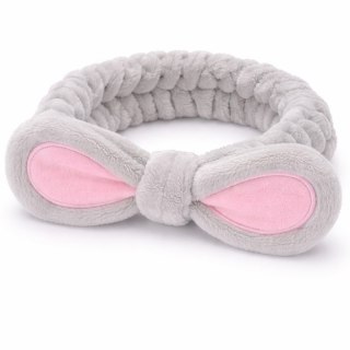 Opaska kosmetyczna uszka ozdobna, szara z różem O231SZ