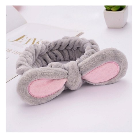 Opaska kosmetyczna uszka ozdobna, szara z różem O231SZ