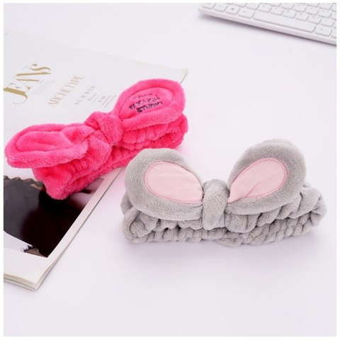 Opaska kosmetyczna uszka ozdobna, szara z różem O231SZ