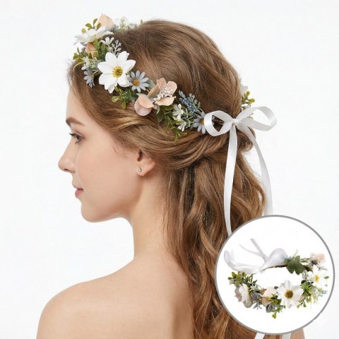 Wianek, opaska do włosów z kwiatów, delikatny wianuszek BOHO W107