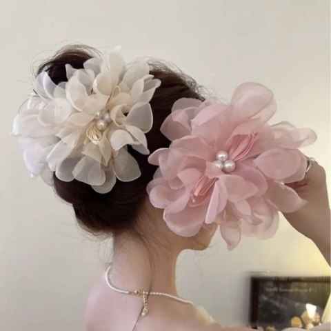 Duża kokarda tiulowa z perełkami, spinka do włosów, klamra SP323CZ