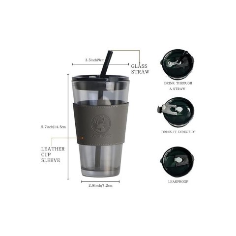 Kubek z kolorowego szkła na Kawę Herbatę ze słomką i zamknięciem 450 ML CUP09BR