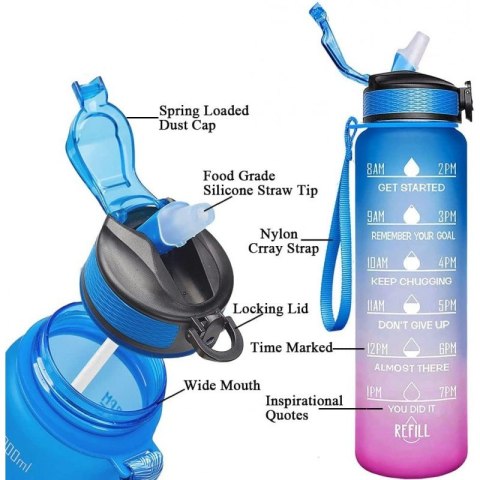 Butelka na wodę, bidon z miarką i słomką 1L OMBRE Niebieski z Fuksją BD18