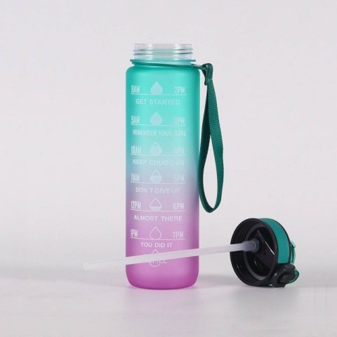 Butelka na wodę, bidon z miarką i słomką 1L OMBRE Zieleń z Różem BD19