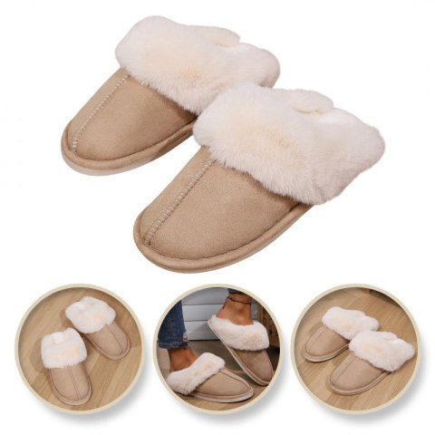 Ciepłe kapcie ocieplane beżowe z futerkiem, antypoślizgowe PAN01R40, rozmiar 40