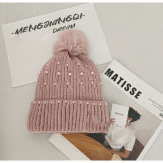 Czapka zimowa dzianinowa z pomponem i perełkami pudrowy róż CZ35WZ1