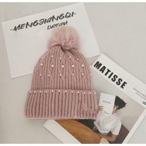 Czapka zimowa dzianinowa z pomponem i perełkami pudrowy róż CZ35WZ1