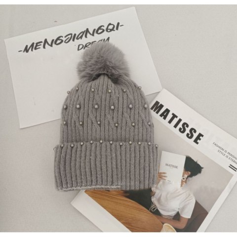 Czapka zimowa dzianinowa z pomponem i perełkami szara CZ35WZ2