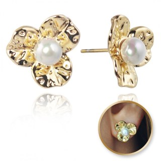 Kolczyki ze stali szlachetnej platerowane 14k złotem KWIATKI, perełi KST3358
