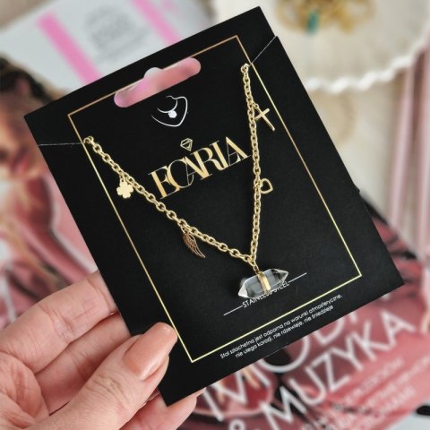 Naszyjnik stal szlachetna pozłacana 14k złotem kryształ górski NST1585