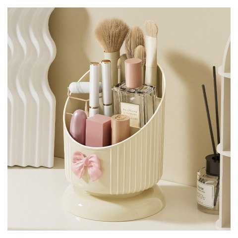 Organizer na pędzle, Kremowy z różową KOKARDKĄ 15,8 x 11 cm CB67