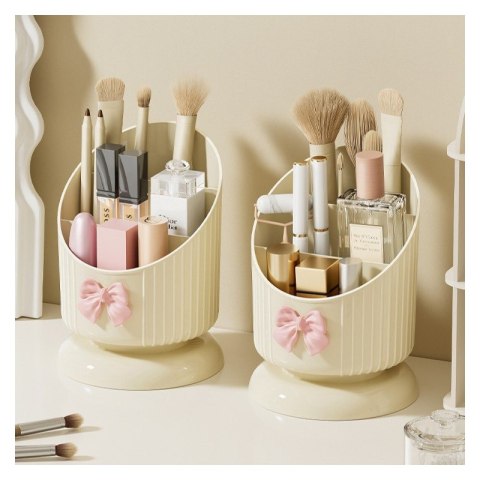 Organizer na pędzle, Kremowy z różową KOKARDKĄ 15,8 x 11 cm CB67