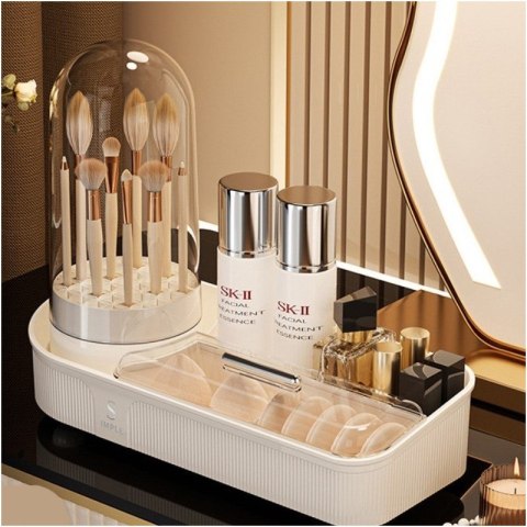 Organizer na pędzle, kosmetyki, ryflowany obrotowy kremowy 33,5x28x14 cm CB69