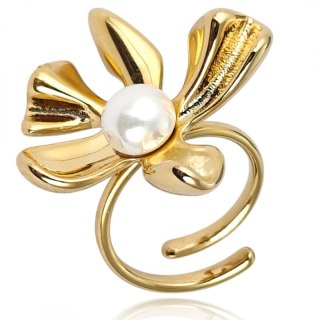 Pierścionek stal chirurgiczna platerowana złotem regulowany, KWIAT Perła PST937