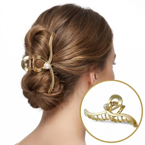 Spinka klamra do włosów XL metalowa złota z perłą 12,5 cm SP377