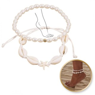 Bransoletka 2w1 na stopę MUSZELKI na sznurku, rozgwiazda PEREŁKI B544