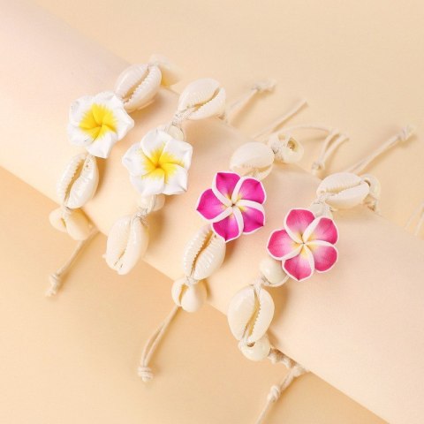 Bransoletka 2w1 na stopę i rękę, na sznurku, MUSZELKI i KWIAT HAWAJSKI B542F