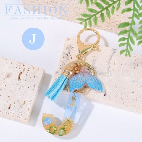Brelok do kluczy LITERKA "J" , MORSKI, ogon syreny, muszelki, frędzle BRL353J