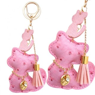 Brelok do kluczy skórzany KOTEK różowy, frędzle BRL358