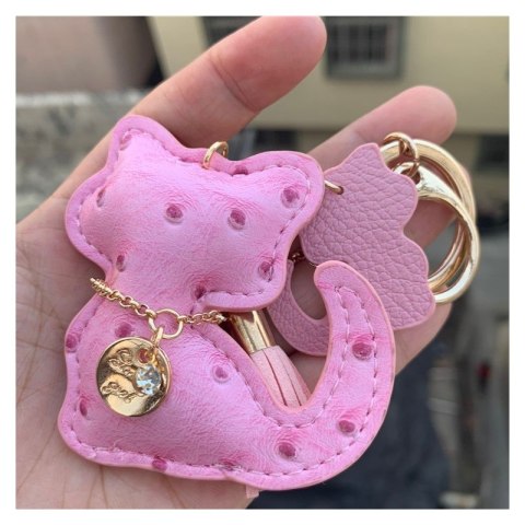 Brelok do kluczy skórzany KOTEK różowy, frędzle BRL358