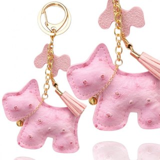 Brelok do kluczy skórzany PIESEK różowy, frędzle BRL355