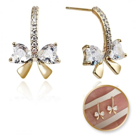 Kolczyki KOKARDKI ze stali szlachetnej pozłacanej 14k złotem, cyrkonie, sztyft srebro S925 KST3330