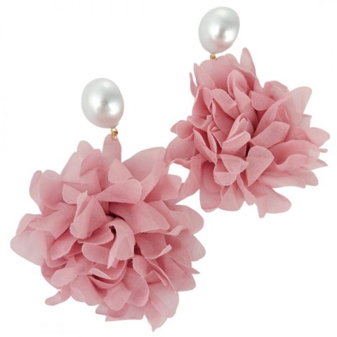 Kolczyki wiszące, efektowne tiulowe kwiat z perła, sztyft krem K1710