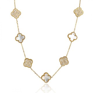 Naszyjnik stal szlachetna pozłacana 14k złotem, koniczynki, masa perłowa, cyrkonie NST2175