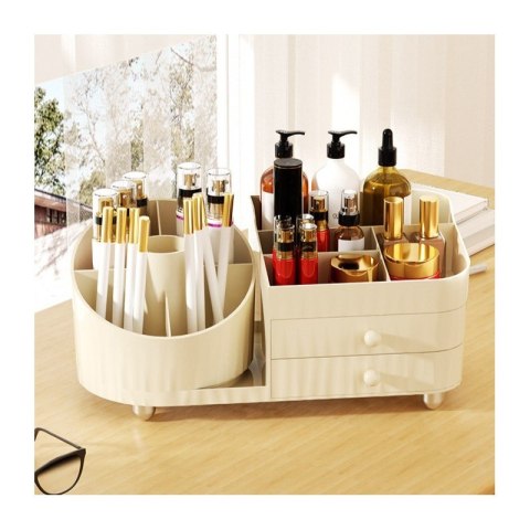 Organizer na pędzle, kosmetyki, obrotowy z szufladkami, kremowy 31 x 14,5 x 11,6 cm CB66