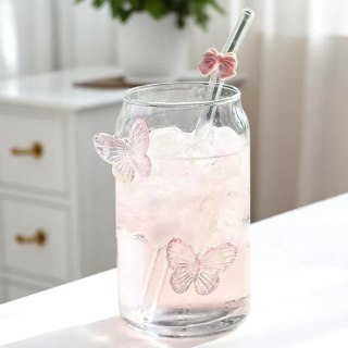 Szklanka wysoka ze słomką, MOTYLKI róż 500 ml, 1 szt- SZK163