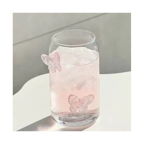 Szklanka wysoka ze słomką, MOTYLKI róż 500 ml, 1 szt- SZK163