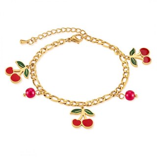 Bransoletka na rękę stal chirurgiczna pozłacana 14k złotem, WISIENKI czerwone BST1520