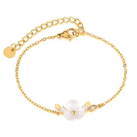 Bransoletka na rękę stal chirurgiczna pozłacana 14k złotem, biały kwiat, cyrkonia BST1516