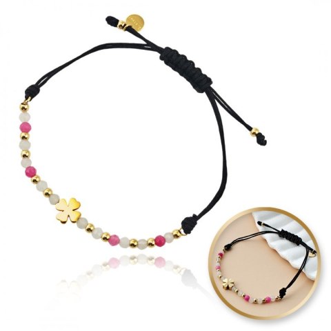 Bransoletka na rękę stal chirurgiczna pozłacana 14k złotem, koniczynka na czarnym sznurku- BST1548