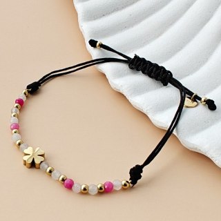 Bransoletka na rękę stal chirurgiczna pozłacana 14k złotem, koniczynka na czarnym sznurku- BST1548