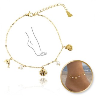 Bransoletka na stopę stal chirurgiczna pozłacana 14k złotem, muszle perły - BST1562