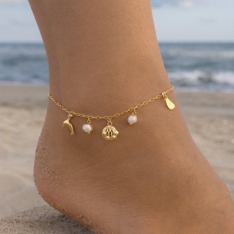 Bransoletka na stopę stal chirurgiczna pozłacana 14k złotem, muszle perły - BST1562