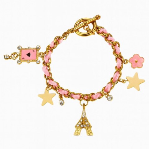 Bransoletka zawijana, rzemyk różowy, złota z zawieszkami B123R