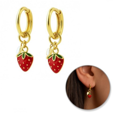 Kolczyki ze stali szlachetnej platerowane 14k złotem, TRUSKAWKI wiszące czerwone KST3406