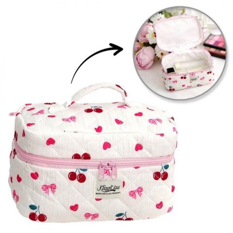 Kosmetyczka damska pikowana kuferek wisienki, kokardki 16 x 16 x 25 cm KS150