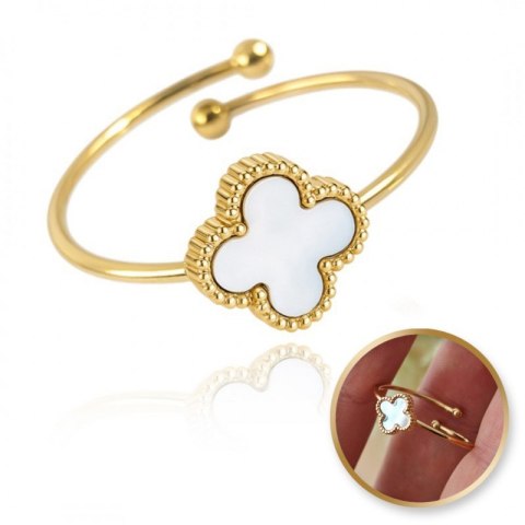 Pierścionek stal chirurgiczna platerowana złotem regulowany, koniczynka masa perłowa PST952