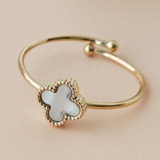 Pierścionek stal chirurgiczna platerowana złotem regulowany, koniczynka masa perłowa PST952