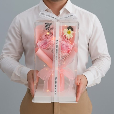 Bukiet zapachowych kwiatów mydlanych w pudełku na prezent, świecące LED BUK19