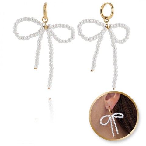 Kolczyki KOKARDY wiszące ze stali szlachetnej pozłacanej, perełki KST3281