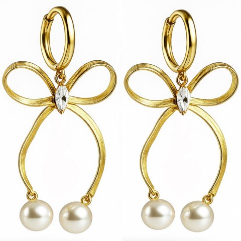 Kolczyki ze stali szlachetnej pozłacane 14k złotem, wiszące kokardy z perełkami KST3453