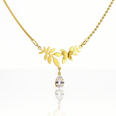 Naszyjnik stal szlachetna pozłacana 14k złotem, listki, motyl, cyrkonia NST2212
